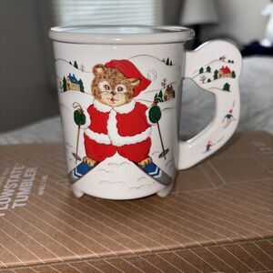 Santa Cat Snow Skiing Decorative Coffee Tea Mug with Lid Coaster Christmas Japan